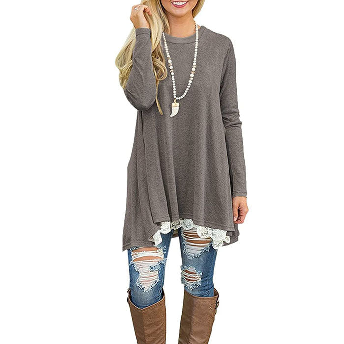 Beakey Women's Crew Neck Long Sleeve Lace Splicing Shirt Long Tunic Blouses-Gray-1228