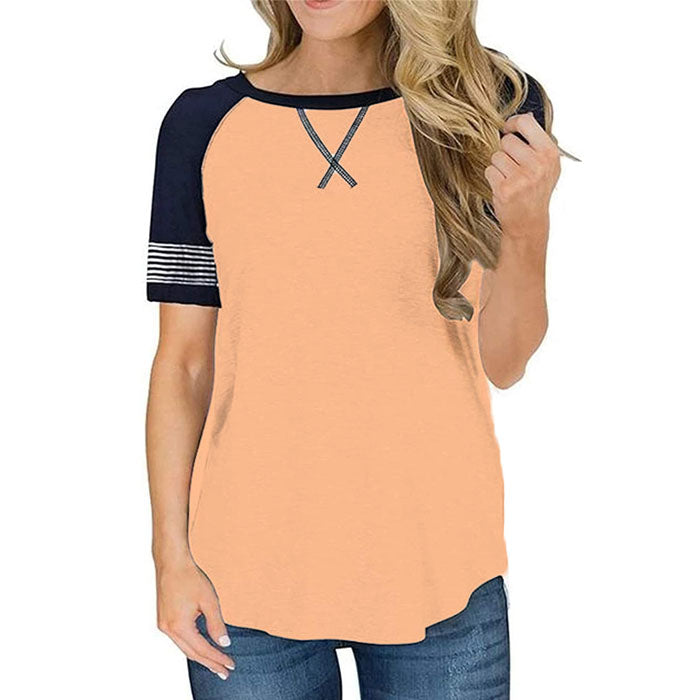 Beakey Womens T Shirts Round Neck Short Sleeve Striped Color Block Casual Tops-Orange-025