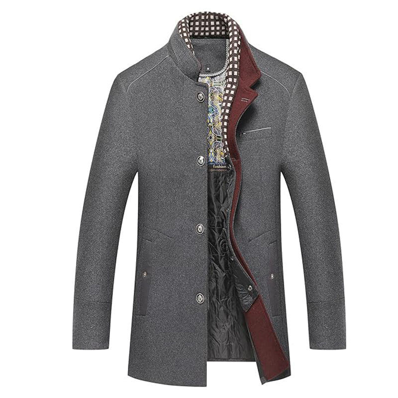 Beakey Mid Long Pea Coat for Men Single Breasted with Detachable Scarf-Grey