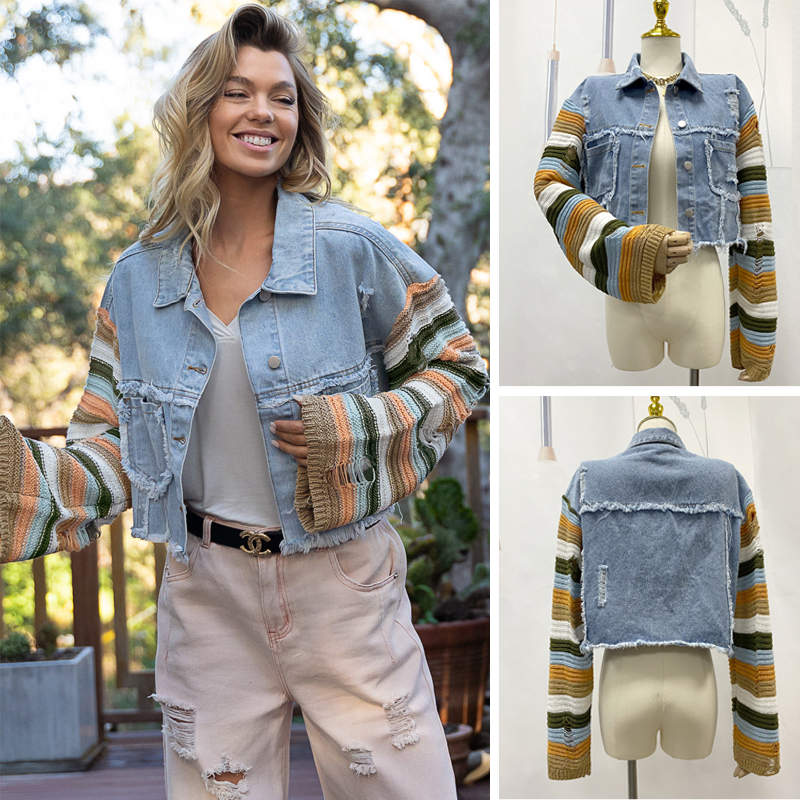 Beakey Womens Patchwork Denim Jacket Rainbow Knit Long Sleeve Crop Coat-Blue