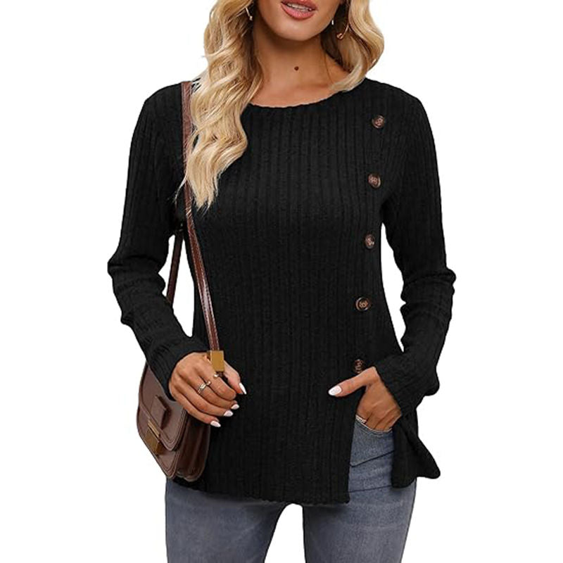 Beakey Long Sleeve Tops for Women Button Decor Loose Tunic Blouse-Black