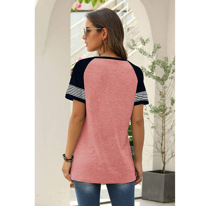 Beakey Womens T Shirts Round Neck Short Sleeve Striped Color Block Casual Tops-Pink-025