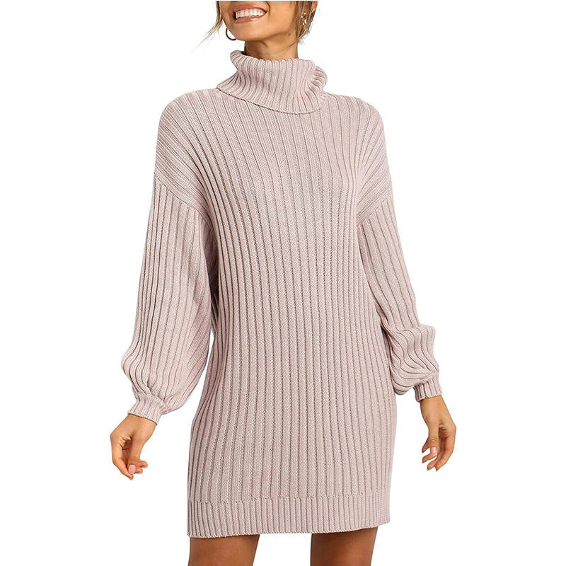 Beakey Womens Turtleneck Loose Sweater Dress Soft Winter Pullover Dress-Pink