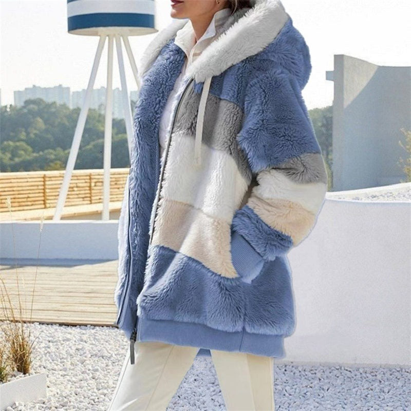 Beakey Womens Warm Plush Hooded Cardigan Full Zip Colorblock Jacket-Blue