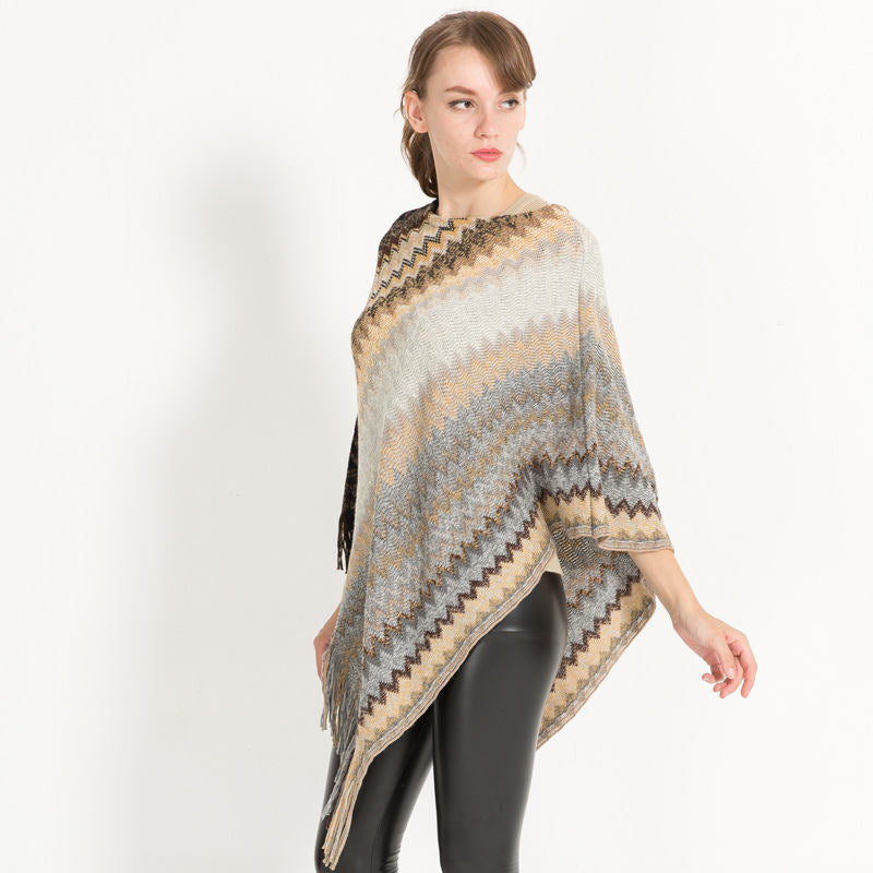 Beakey Womens Stripe Knitted Poncho Top with Tassel-Khaki