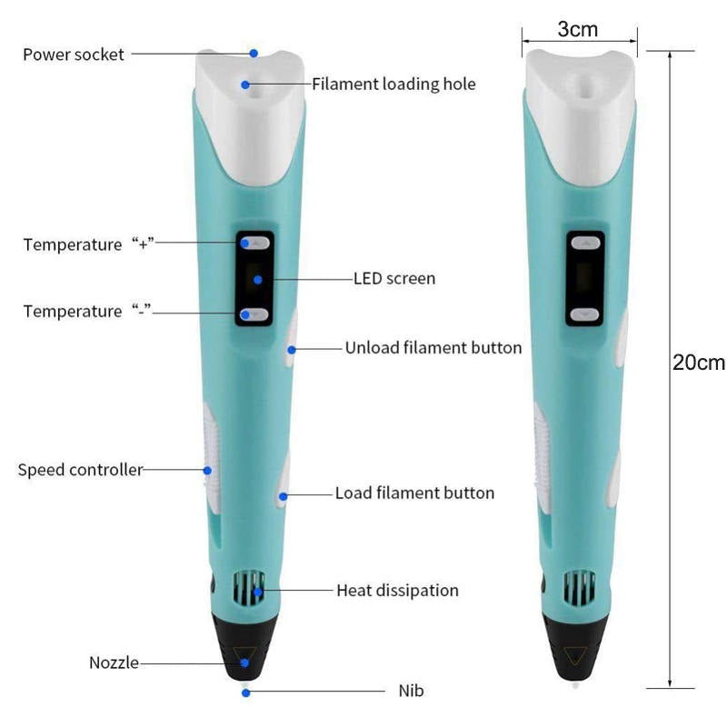Beakey 3D Drawing Printing Pen with LCD Screen PLA Filament for Kids Blue