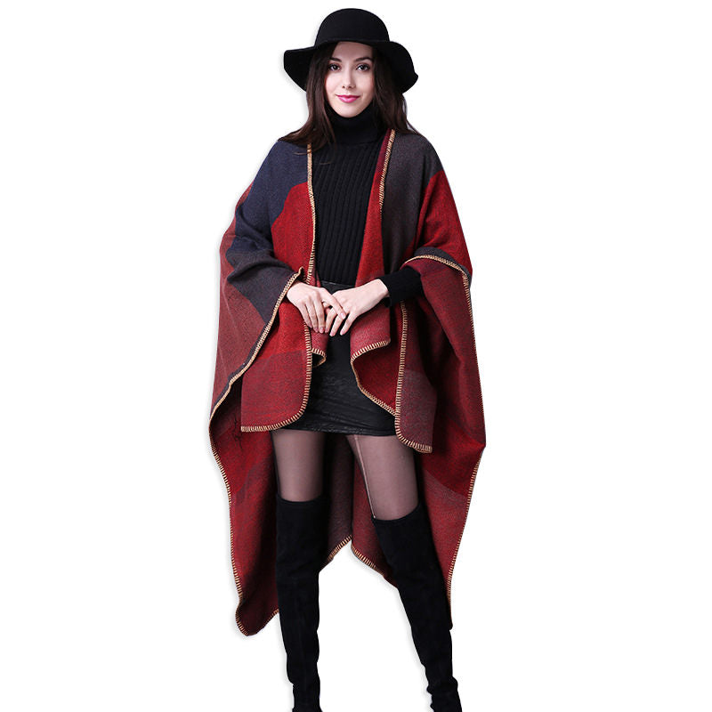 Beakey Womens Winter Reversible Oversized Blanket Cape Shawl-Red