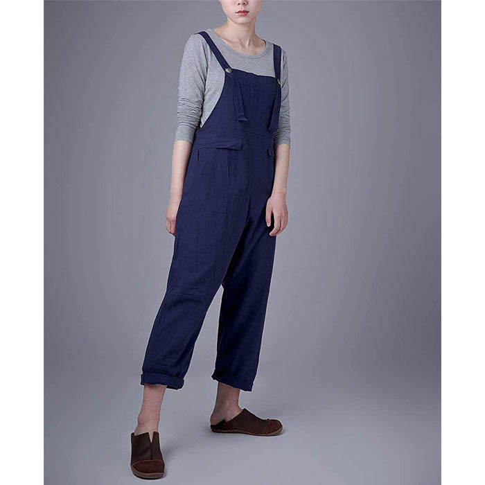 Beakey Women's Casual Baggy Cotton Linen Jumpsuit Overalls With Pockets-Blue-5859