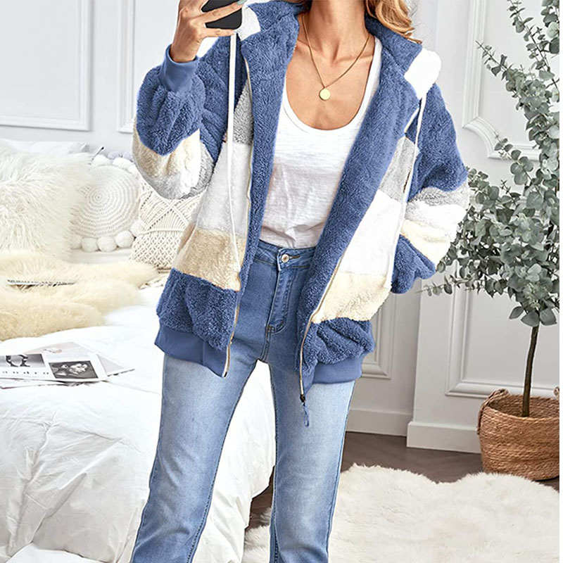 Beakey Womens Warm Plush Hooded Cardigan Full Zip Colorblock Jacket-Blue
