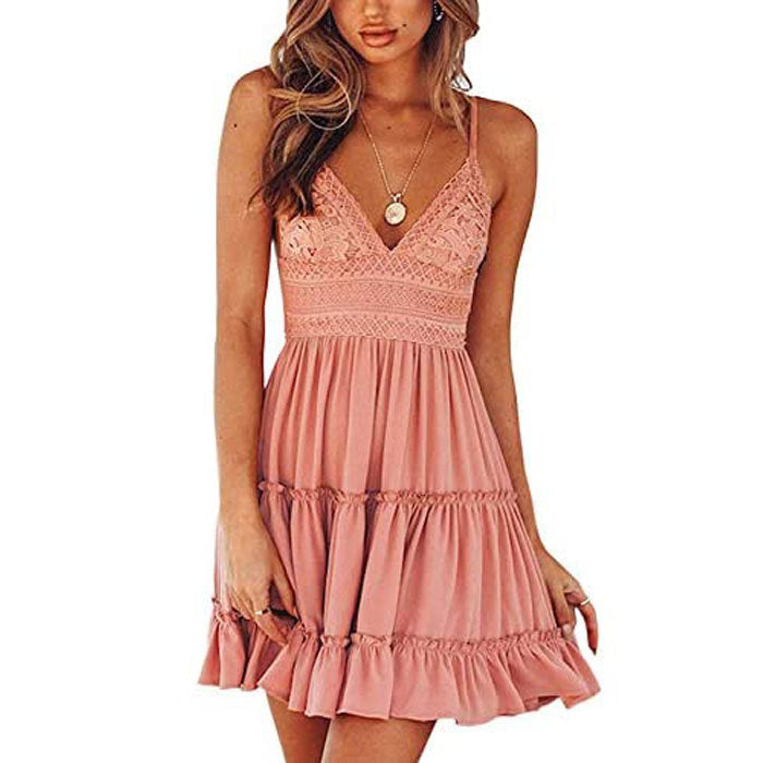 Beakey Womens V-Neck Strap Bowknot Backless Sleeveless Lace Mini Dress-Pink-WQZ015