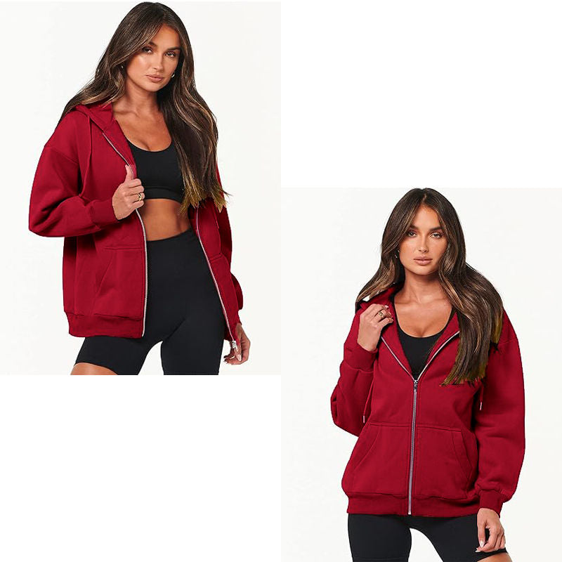 Beakey Womens Zip Up Hoodies with Pockets Y2K Oversized Sweatshirts-Red