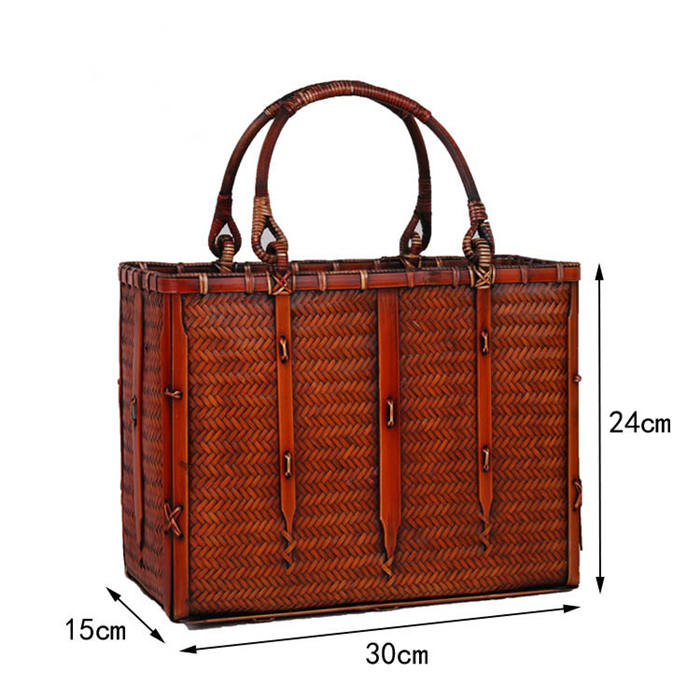 Beakey Retro Womens Bamboo Handbag Handmade Large Tote Bag Wicker Storage Basket Bag-Three Bars