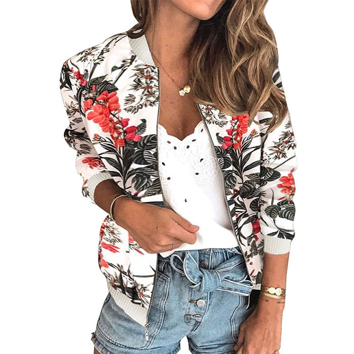 Beakey Women's Fashion Zip Up Casual Jacket Coat Short Outwear Flower Printing Tops-Black Green Leaves-8795