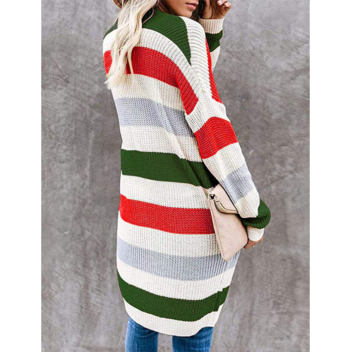 Beakey Women¡¯s Open Front Long Cardigan Strip Color Block Knit Fall Outwear Sweater-Red-AL6014