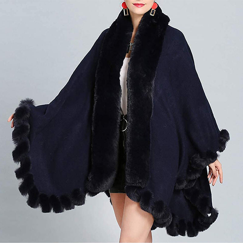 Beakey Womens Faux Fox Fur Trim Cardigan Shawl Oversized Cape-Navy Blue