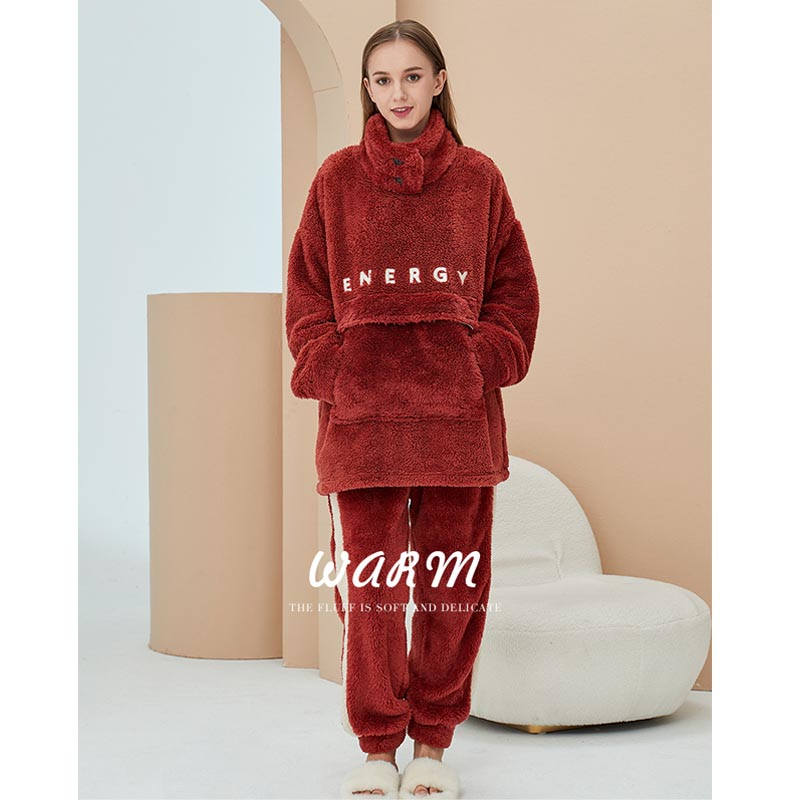 Beakey Thickening Coral Fleece Pajamas Set for Women-Red