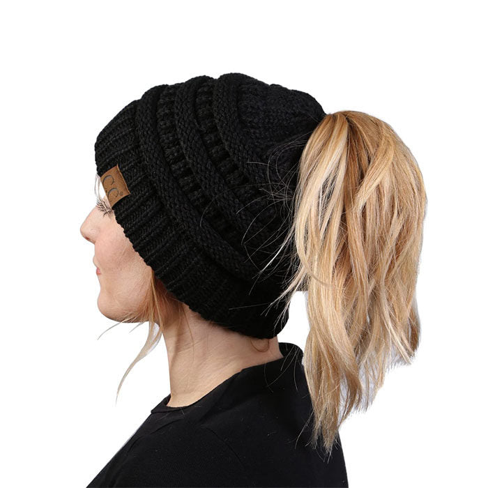 Beakey Soft Stretch Cable Knit Hat Ponytail Beanie Winter Hat For Women-Black