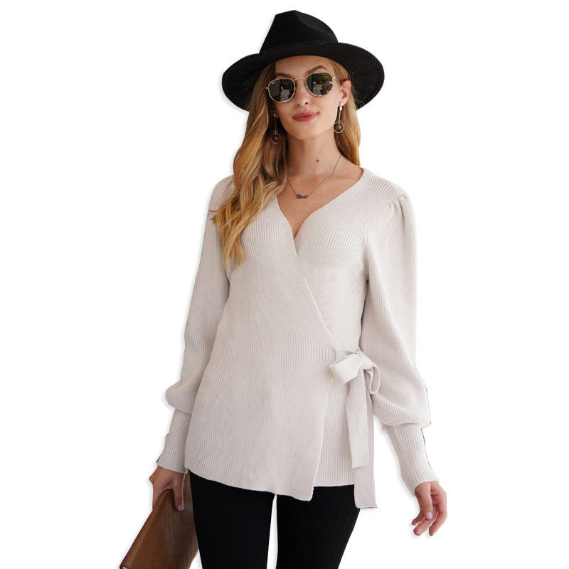 Beakey Womens Sexy V Neck Oversized Sweater Balloon Sleeve Knit Pullover-Apricot
