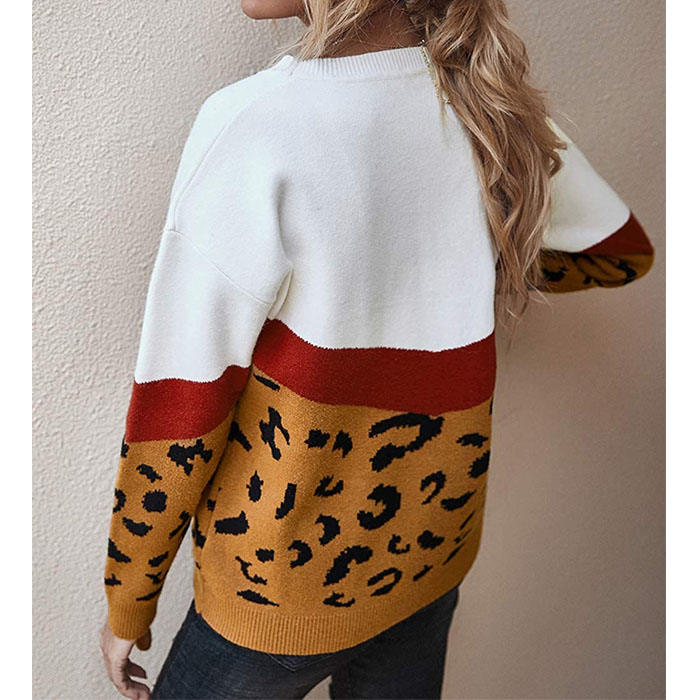 Beakey Women¡¯s Casual Knitted Sweater Leopard Print Color Block Loose Pullover-Brown-K208002