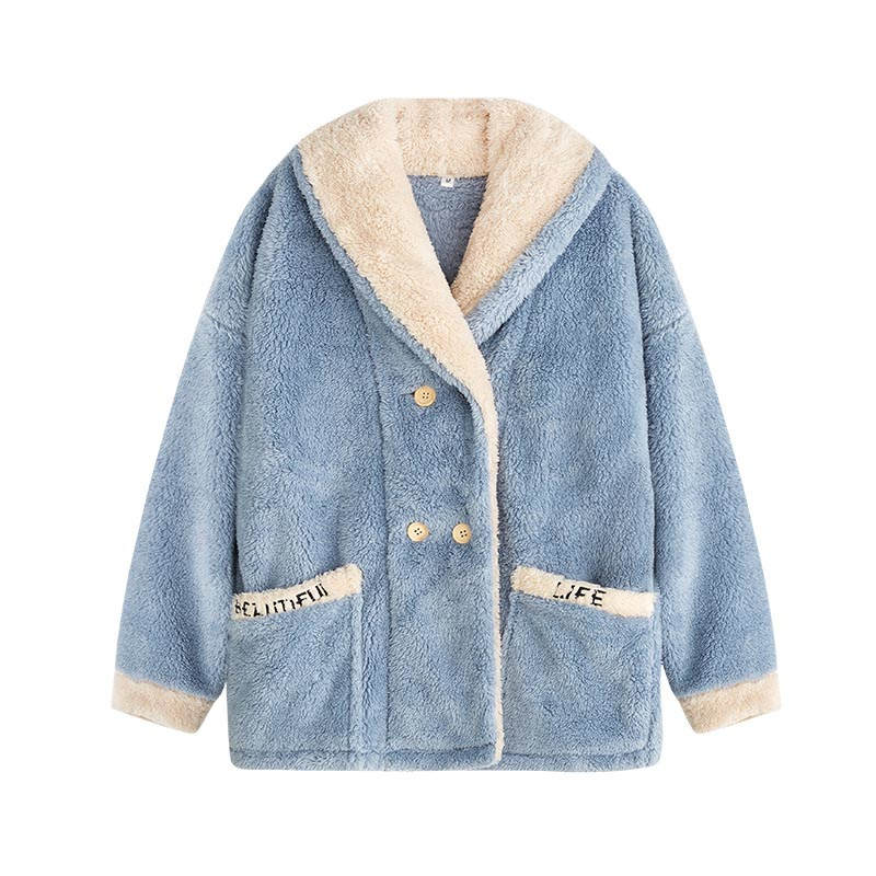 Beakey Womens Plush Pajamas Cardigan Set Loungewear-Haze Blue
