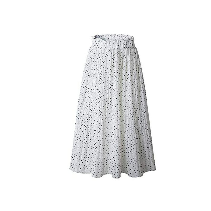 Beakey Womens High Waist Skirt Polka Dot Pleated Midi Maxi Swing Skirt High Elastic-White-0387