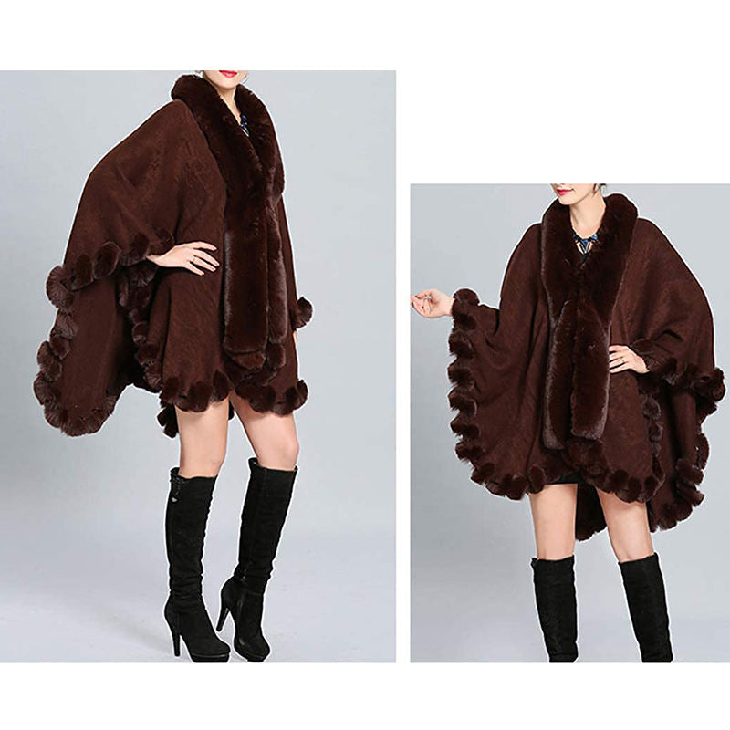 Beakey Womens Faux Fox Fur Trim Cardigan Shawl Oversized Cape-Brown