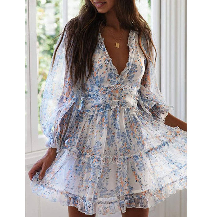 Beakey Womens Spring Summer Deep V Neck Ruffle Long Sleeve Mini Dress-White-LC220829-1