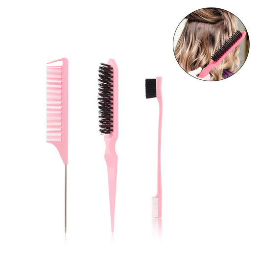 Beakey Edge Brush + Bristle Brush + Rat Tail Comb for Smoothing Hair-Pink