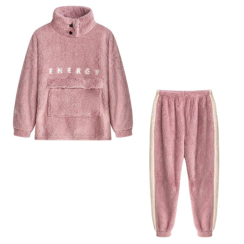 Beakey Thickening Coral Fleece Pajamas Set for Women-Pink