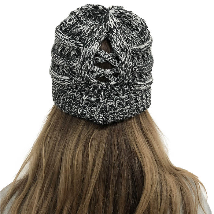 Beakey Soft Stretch Cable Knit Hat Ponytail Beanie Winter Hat For Women-Black Flower