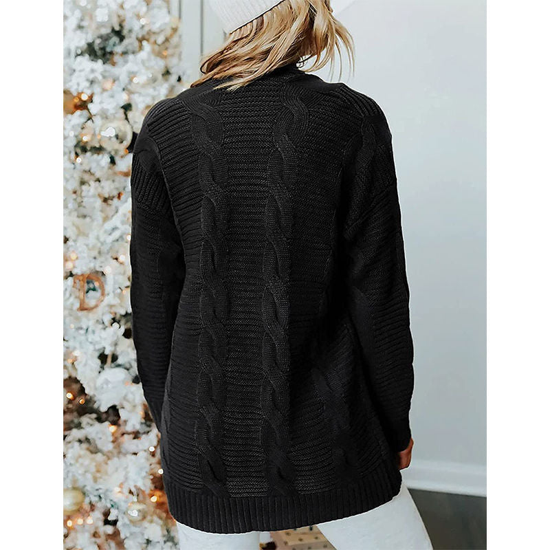 Beakey Womens Long Sleeve Cable Knit Cardigan Sweater Mid Length Coat-Black