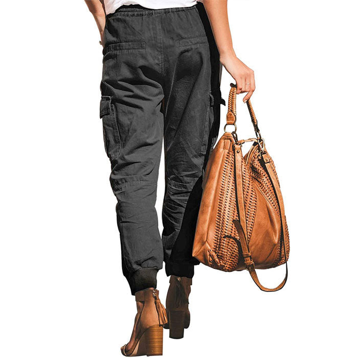 Beakey Women's Fashion Waist Cargo Pants Drawstring Trousers with Pockets-Gray-D29
