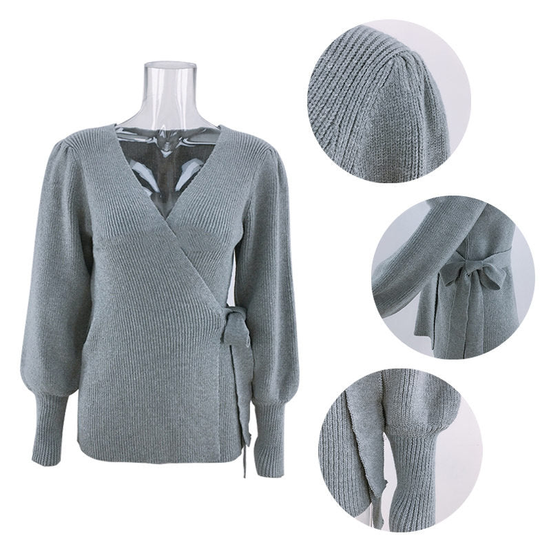Beakey Womens Sexy V Neck Oversized Sweater Balloon Sleeve Knit Pullover-Grey