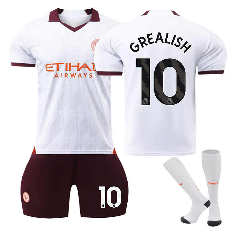 Beakey Manchester City Away Jersey GREALISH #10 Soccer Jersey Kids Adult 3Pcs Jersey Kits-Brown