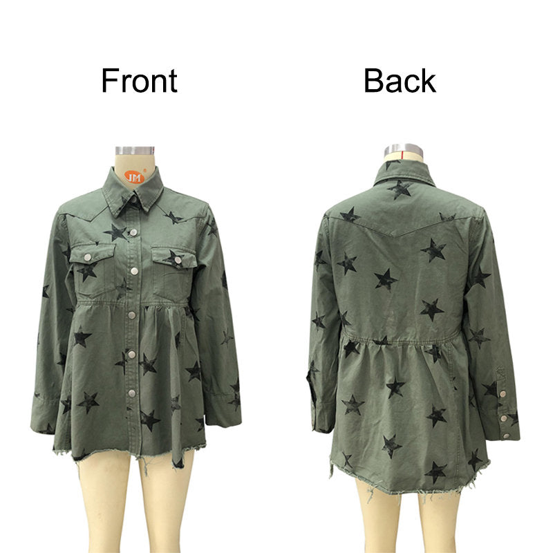 Beakey Star Print Jacket for Women Frayed Hem Distressed Denim Coat-Green