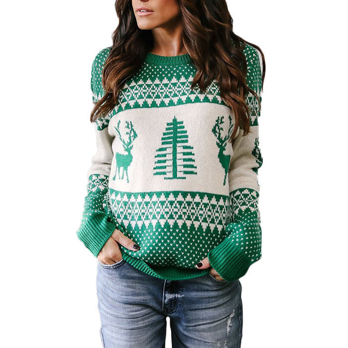 Beakey Women Long Sleeve Christmas Tree Reindeer Holiday Knit Sweater Pullover-Green-CFB0032