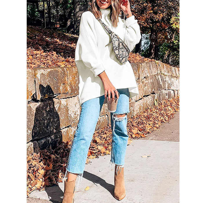 Beakey Womens Turtleneck Long Sweater Batwing Sleeve Asymmetric Hem Pullover Knit Tops-White-YY528