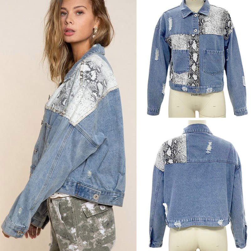 Beakey Womens Distressed Denim Jacket Patchwork Print Ripped Outwear-SnakePattern
