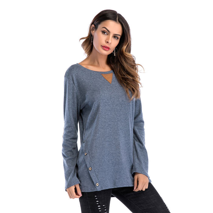 Beakey Women's Long Sleeve Double-breasted Buttons Casual Blouse Tunic Shirt Tops-Denim Blue-1025