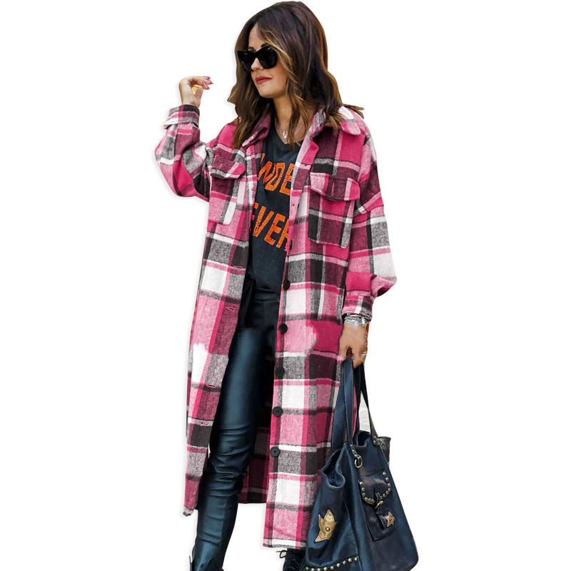 Beakey Womens Casual Plaid Long Coat Lapel Button Down Shirts Jacket-Rose Red