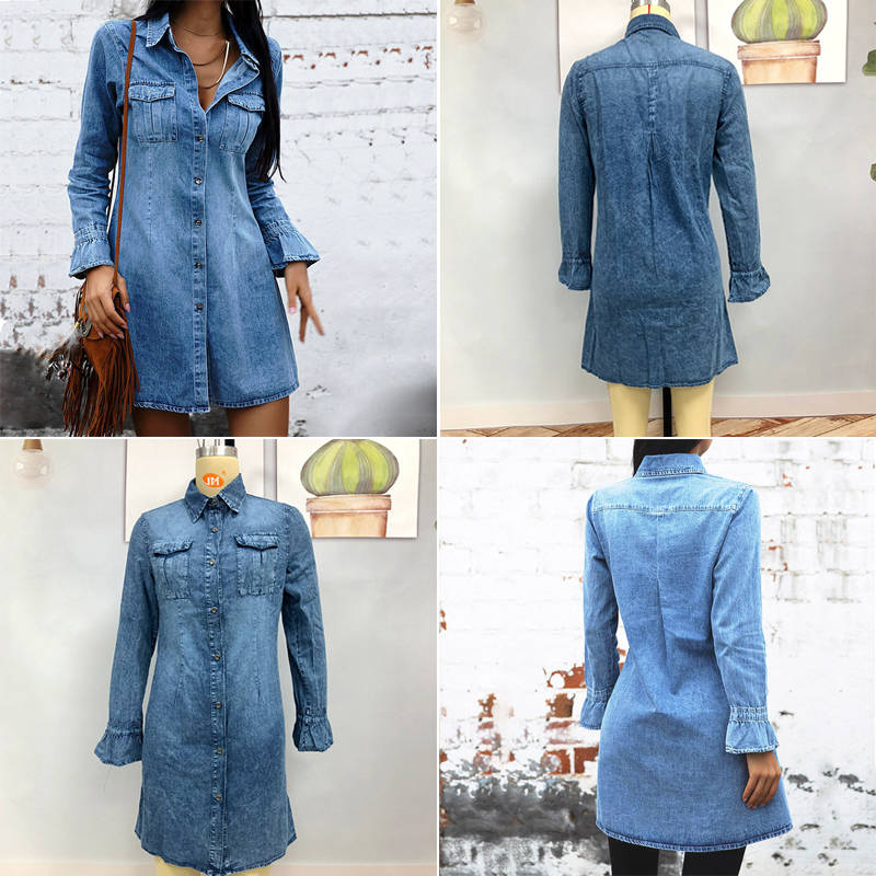 Beakey Womens Denim Dress for Autumn Long Sleeve Slim Fit A-line Skirt