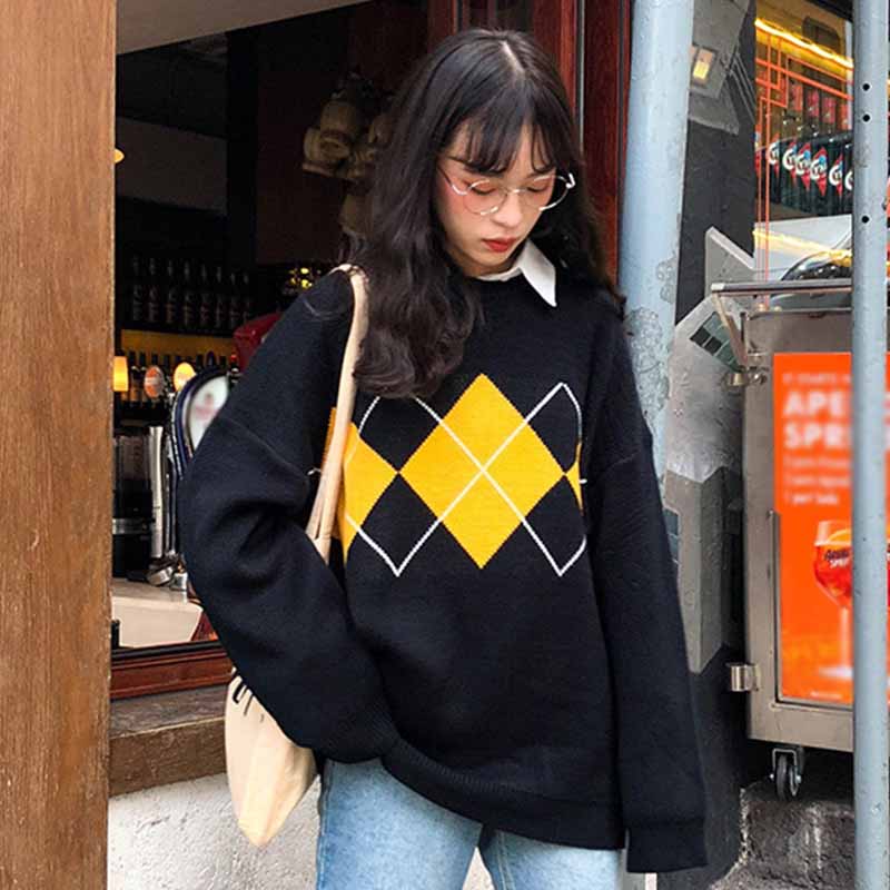 Beakey Women Plaid Sweater Preppy Style Vintage Pullover-Black