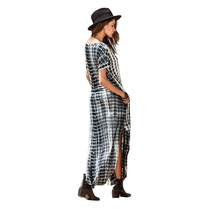 Beakey Women's Boho Maxi Summer Casual Short Sleeve V-neck Dye Split Fork Long Dress-Black