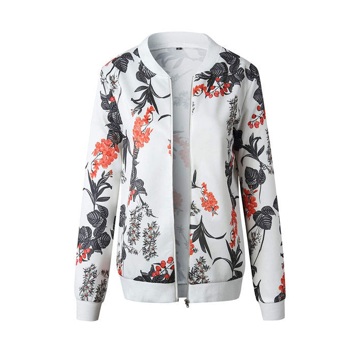 Beakey Women's Fashion Zip Up Casual Jacket Coat Short Outwear Flower Printing Tops-Black Green Leaves-8795
