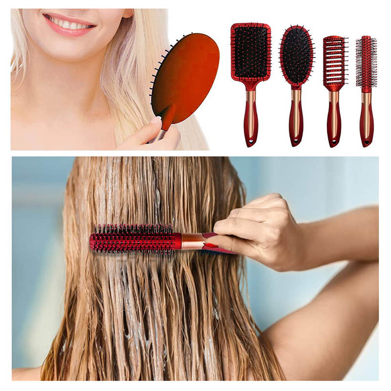 Beakey 4 Pcs Hair Brush Anti Static Massage Oval Comb for Women Men-Red