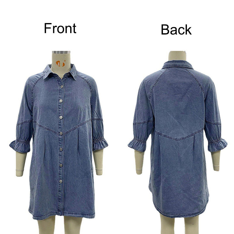Beakey Denim Shirt Dress for Fall Lantern Sleeve Vintage Loose Babydoll-LightBlue