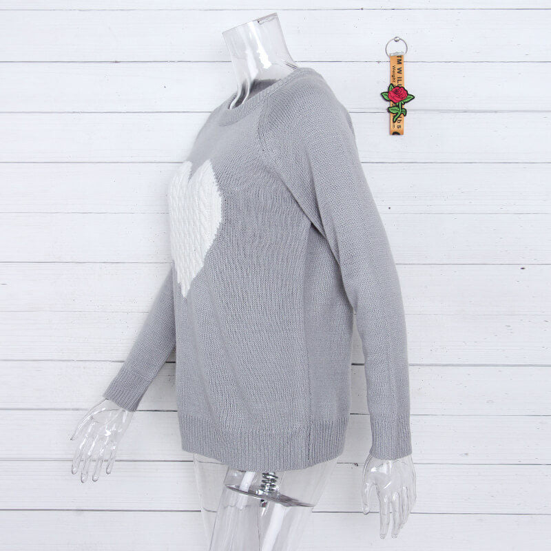 Beakey Women's Long Sleeve Pullover Sweater CrewNeck Cute Heart Knit Sweater-Grey