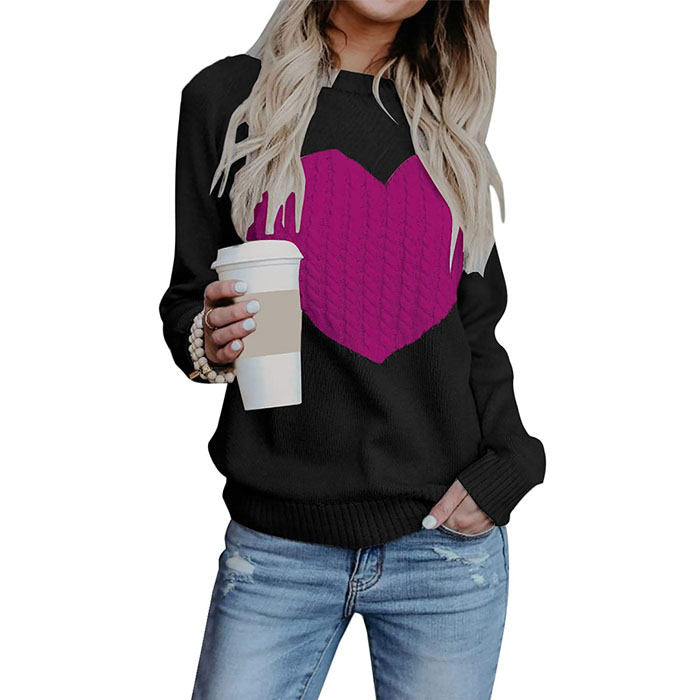 Beakey Women Cute Sweaters Heart Crewneck Long Sleeve Knitted Pullover Sweater-Black And Rose-118004