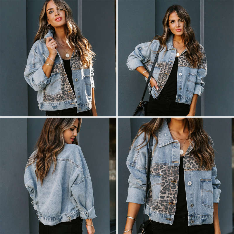 Beakey Womens Distressed Denim Jacket Patchwork Print Ripped Outwear-LeopardPattern