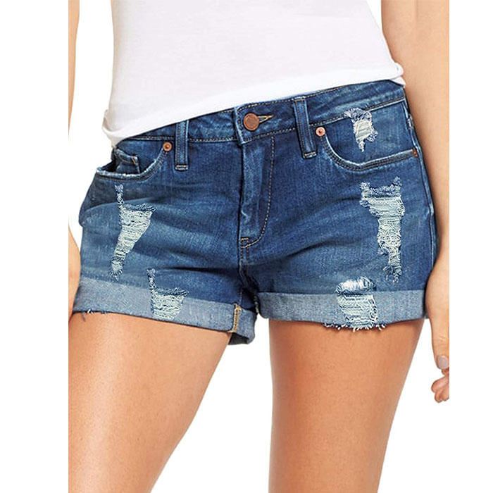 Beakey Women's Ripped Jean Shorts Mid Rise Stretchy Folded Hem Hot Pants-Dark Blue-UX11323